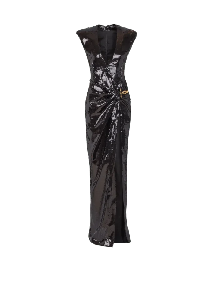 Langes, drapiertes Paillettenkleid mit verzierten Details Langes, drapiertes Paillettenkleid mit verzierten Details