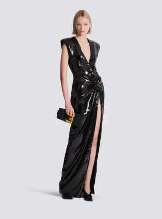 Langes, drapiertes Paillettenkleid mit verzierten Details