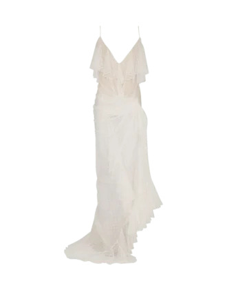Langes, fließendes Kleid mit Spitzenrüschen