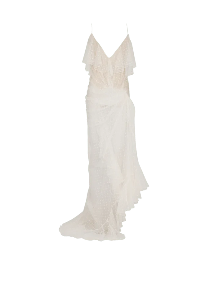 Langes, fließendes Kleid mit Spitzenrüschen Langes, fließendes Kleid mit Spitzenrüschen