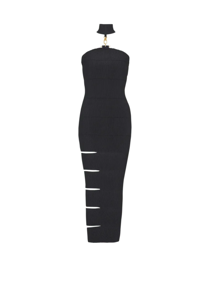 Langes, ärmelloses Kleid mit verzierten Details Langes, ärmelloses Kleid mit verzierten Details