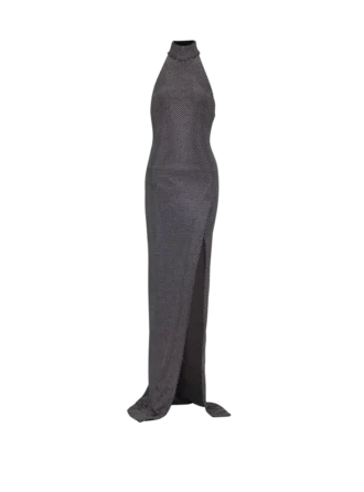 Langes Samtkleid mit Strasssteinen und Neckholder