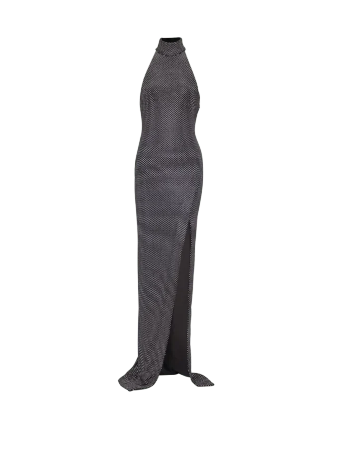 Langes Samtkleid mit Strasssteinen und Neckholder Langes Samtkleid mit Strasssteinen und Neckholder