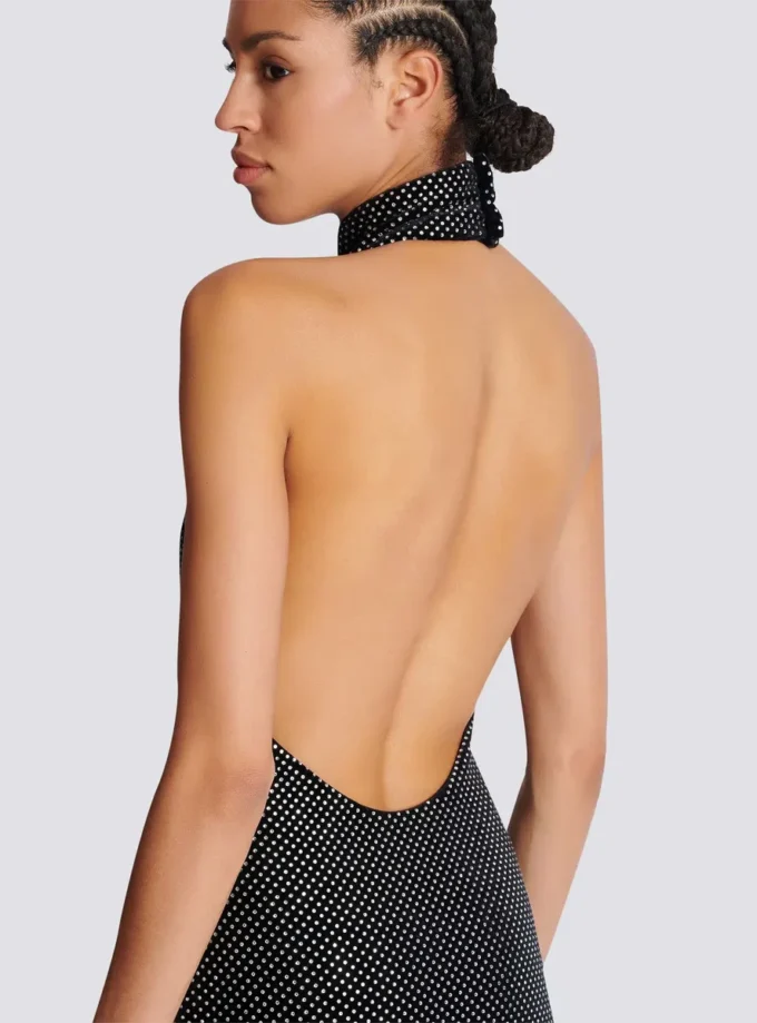 Langes Samtkleid mit Strasssteinen und Neckholder Langes Samtkleid mit Strasssteinen und Neckholder