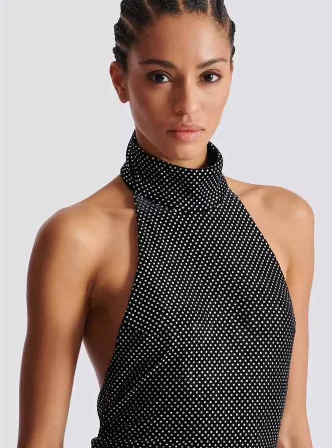 Langes Samtkleid mit Strasssteinen und Neckholder Langes Samtkleid mit Strasssteinen und Neckholder