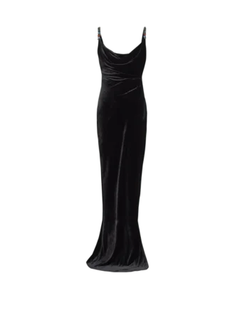 Langes Samtkleid mit verzierten Trägern