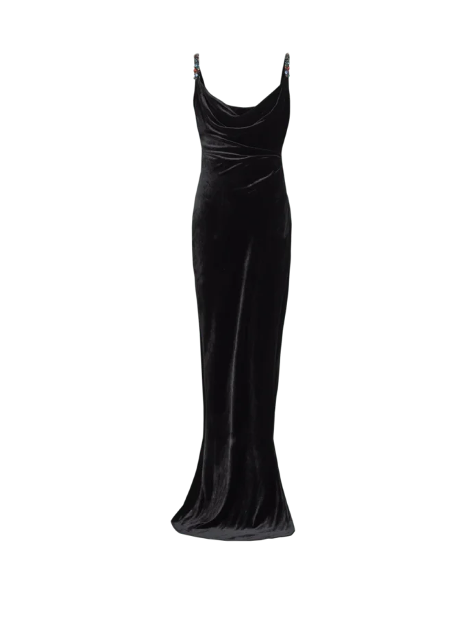Langes Samtkleid mit verzierten Trägern Langes Samtkleid mit verzierten Trägern