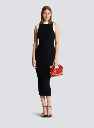 Langes zweifarbiges Kleid mit Zopfmuster