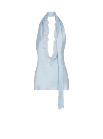 Rückenfreies Satin-Oberteil mit Fransen