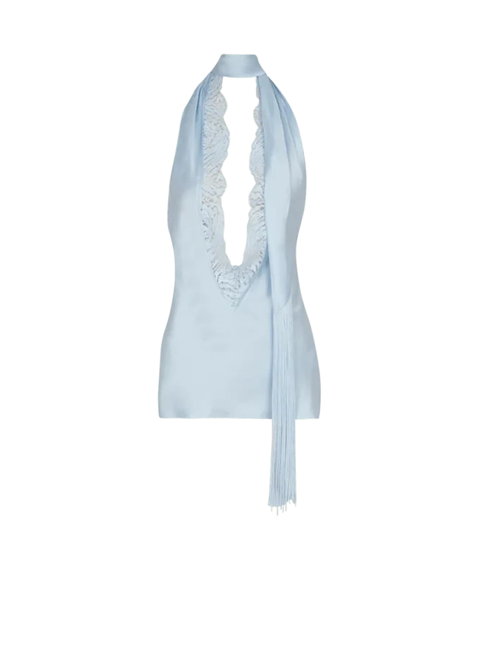 Rückenfreies Satin-Oberteil mit Fransen