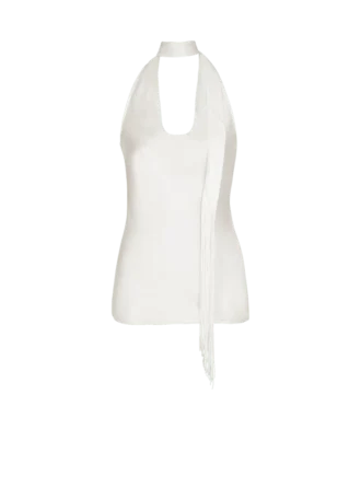 Rückenfreies Satin-Oberteil mit Fransen
