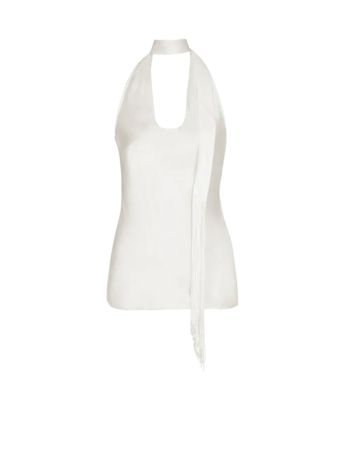Rückenfreies Satin-Oberteil mit Fransen Rückenfreies Satin-Oberteil mit Fransen