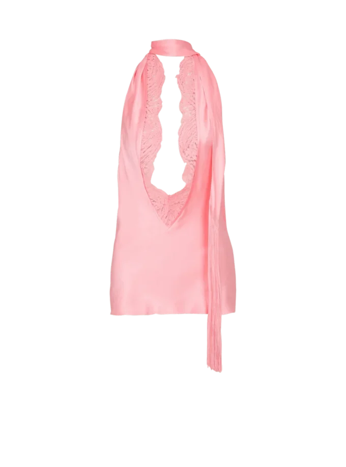 Rückenfreies Satin-Oberteil mit Fransen
