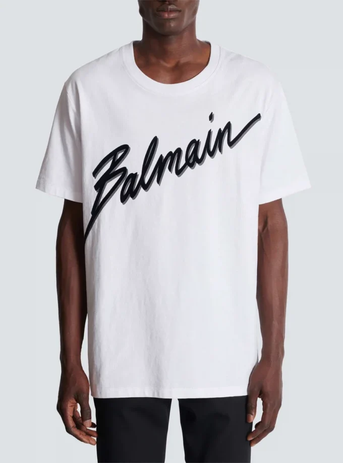 T-Shirt mit geflocktem Balmain-Schriftzug