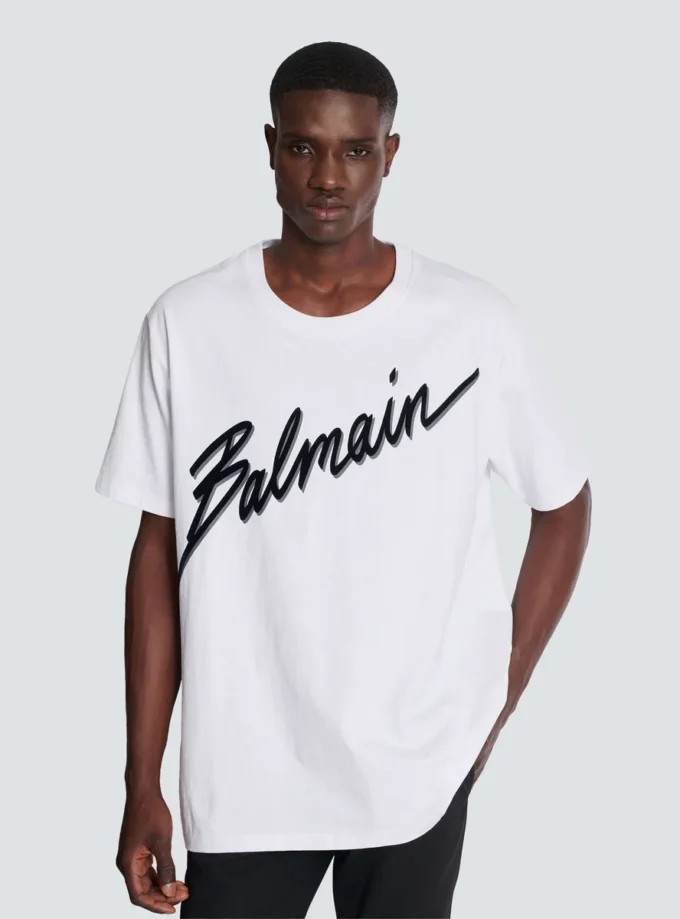 T-Shirt mit geflocktem Balmain-Schriftzug