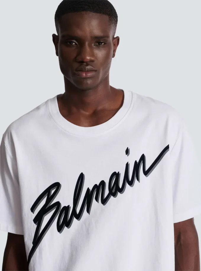 T-Shirt mit geflocktem Balmain-Schriftzug