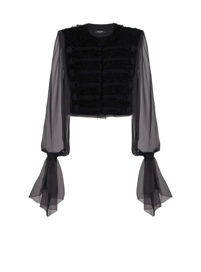 Tweed- und Chiffonjacke mit durchgehendem Saum