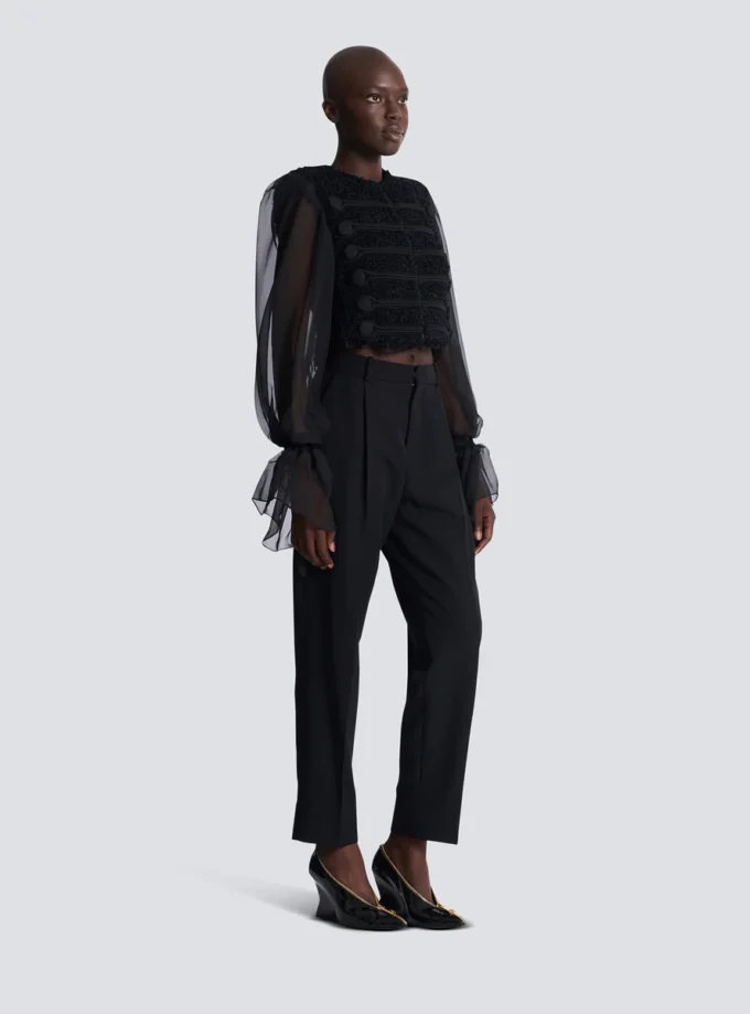 Tweed- und Chiffonjacke mit durchgehendem Saum