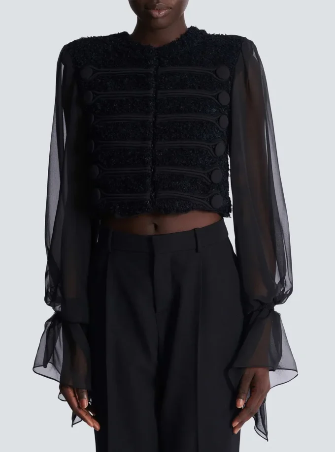 Tweed- und Chiffonjacke mit durchgehendem Saum